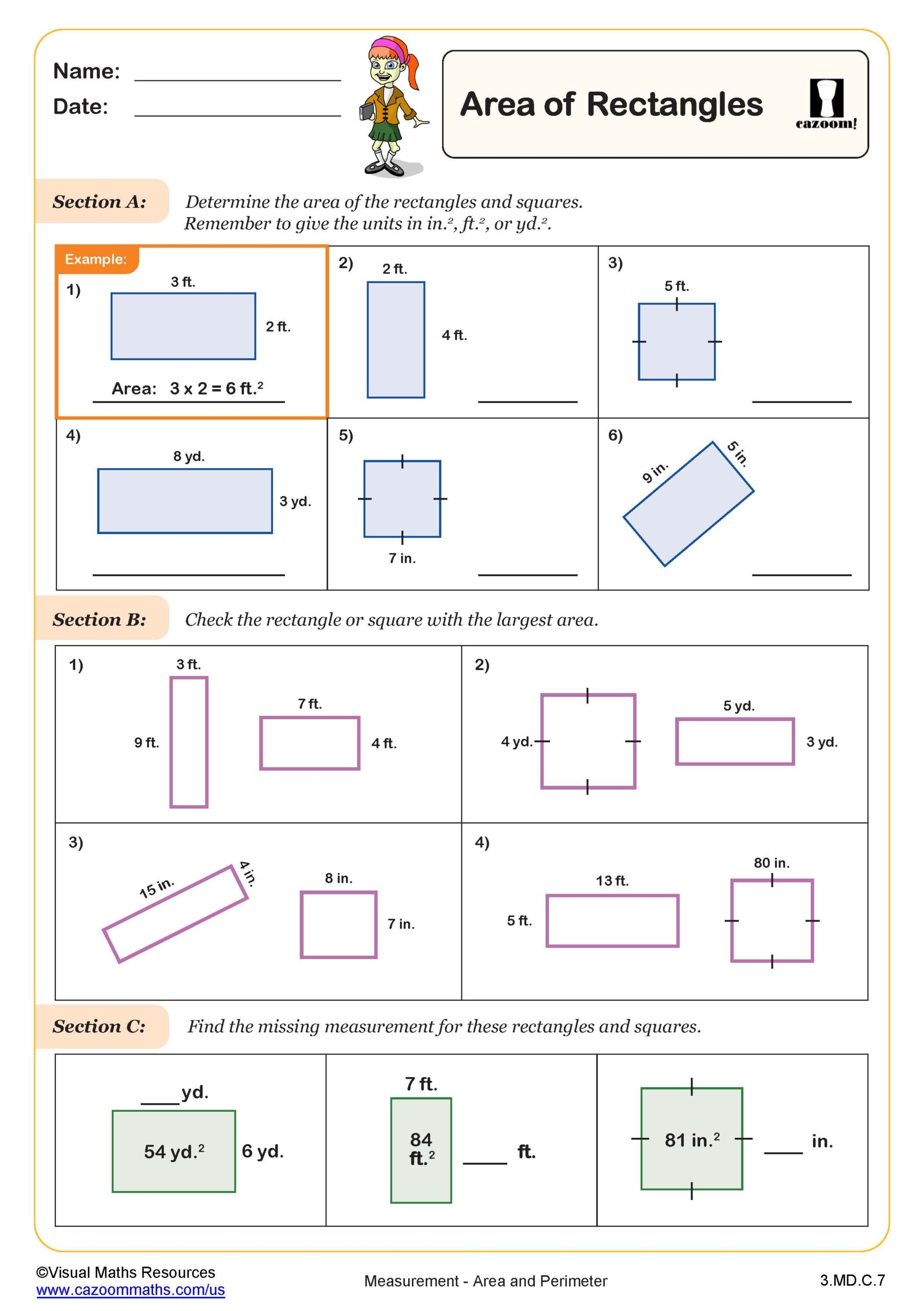 Area Of Rectangles 3rd Grade PDF Measurement Worksheets Cazoom Math
