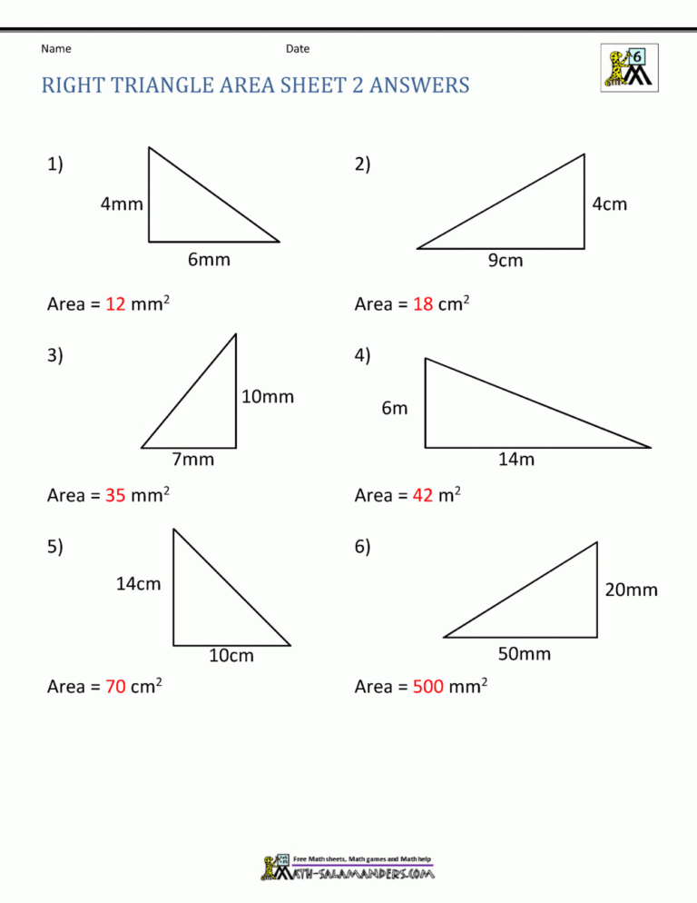 Area Of Right Triangle Worksheets