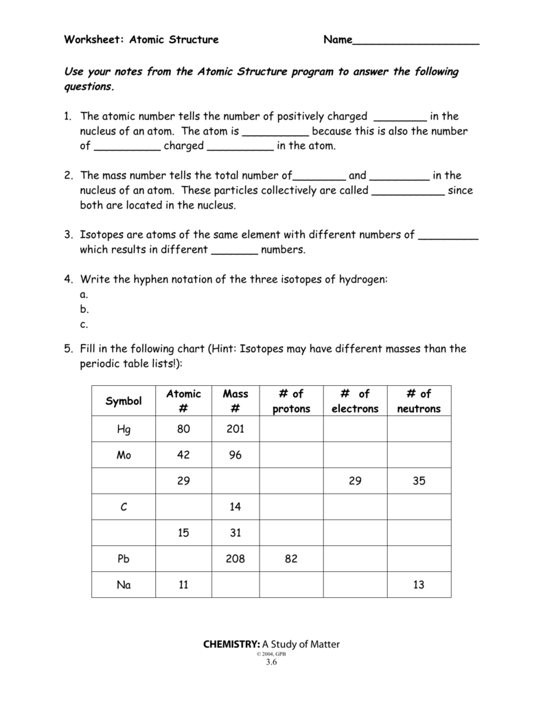 atomic structure worksheet answers atomic structure worksheet answers