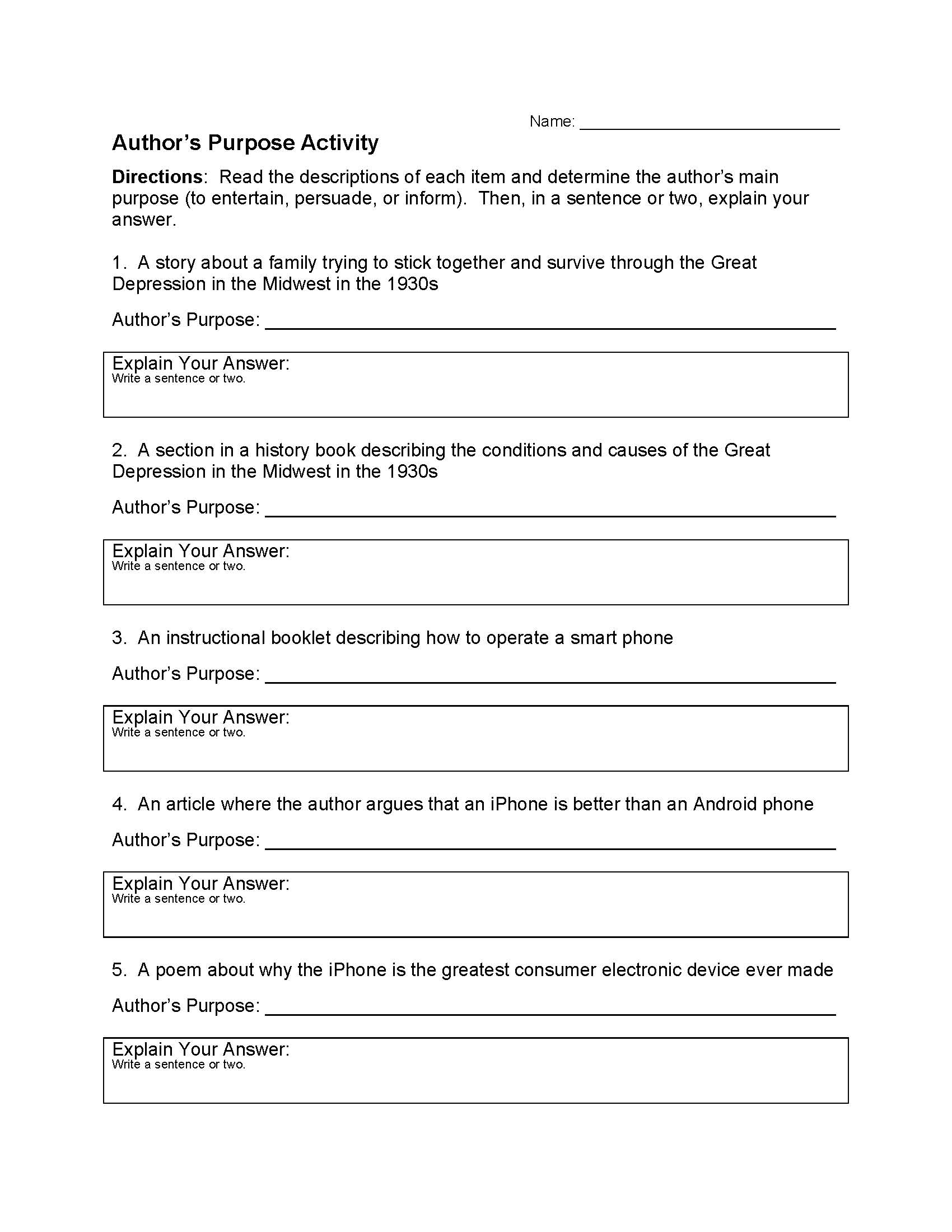 Author s Purpose Worksheet 1 Reading Activity Author s Purpose Worksheet 1 Reading Activity