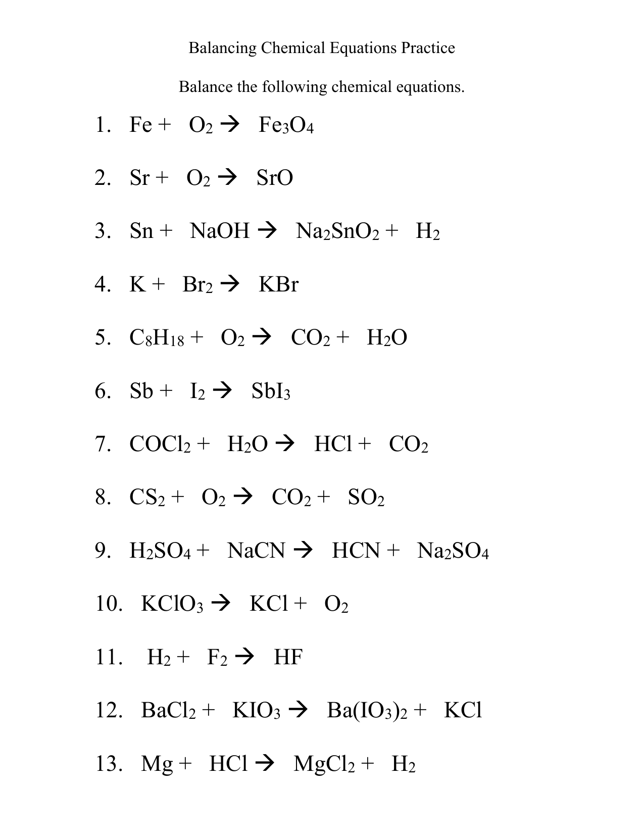 balancing chemical equations worksheet balancing chemical equations worksheet