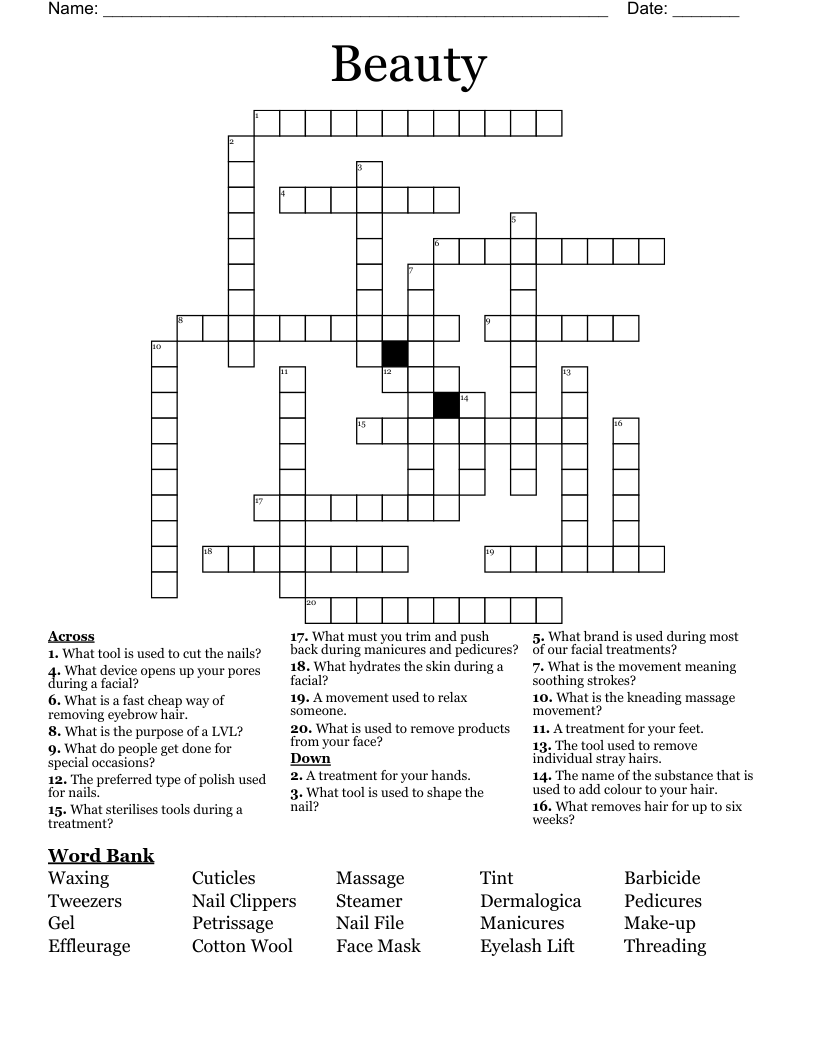 Beauty Crossword WordMint