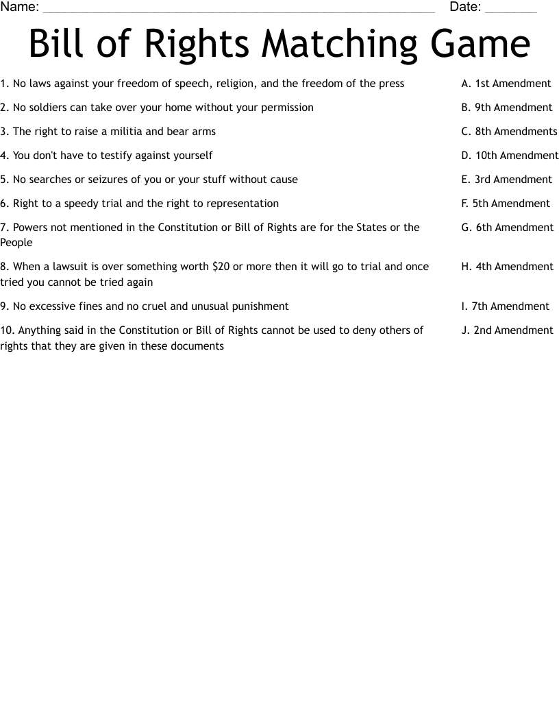 bill of rights worksheet bill of rights worksheet