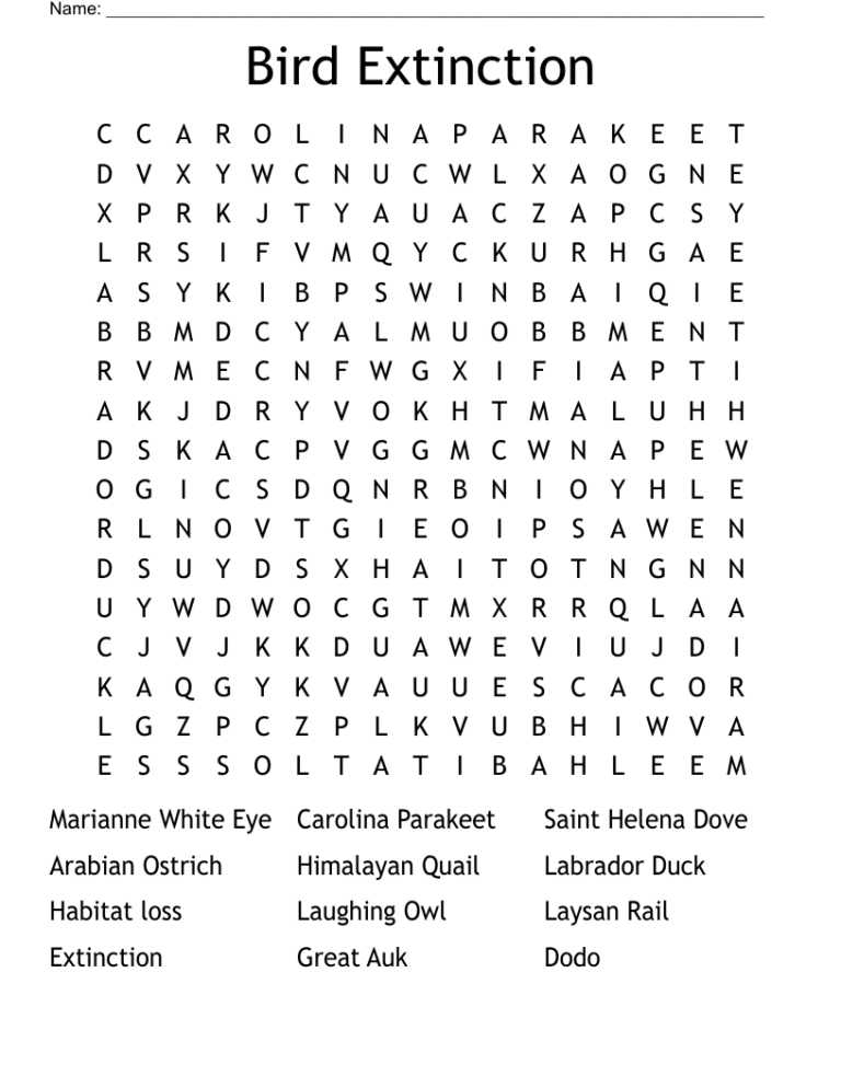 Bird Extinction Word Search WordMint