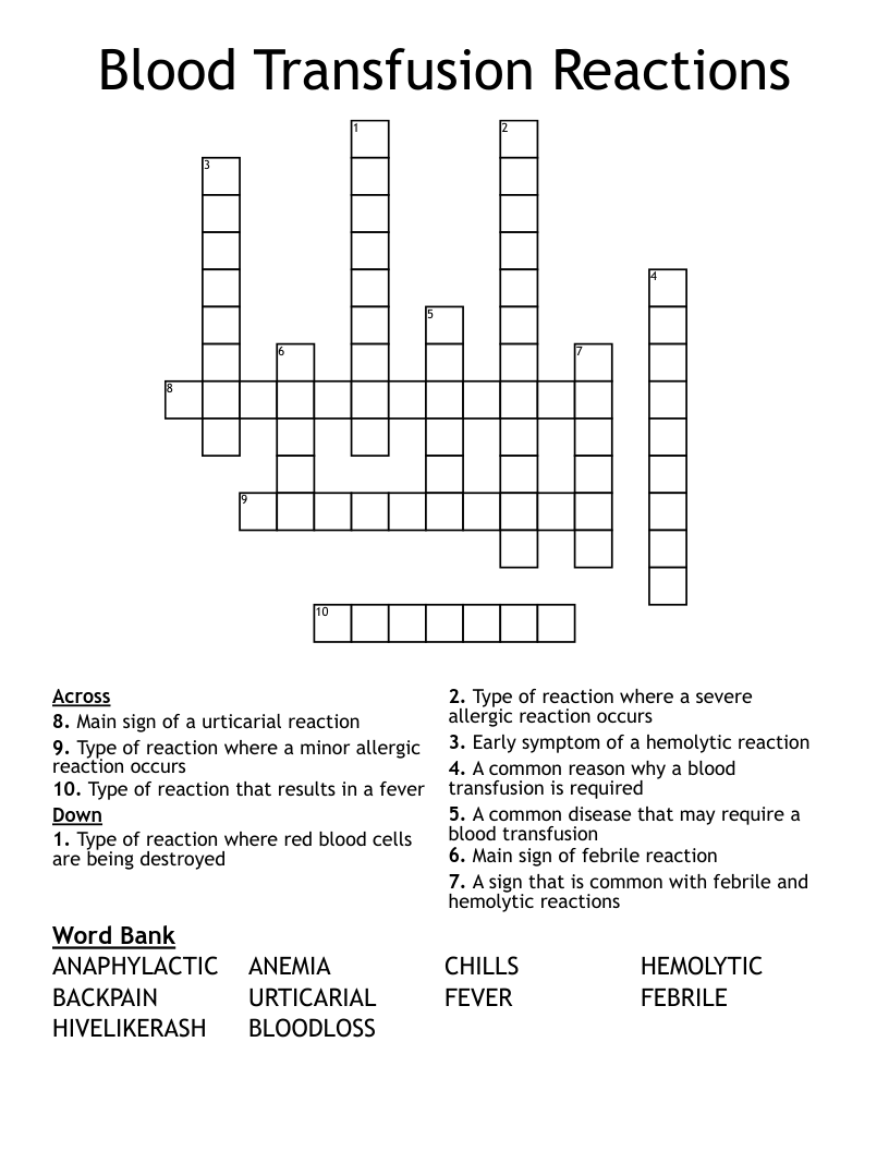 Blood Transfusion Reactions Crossword WordMint