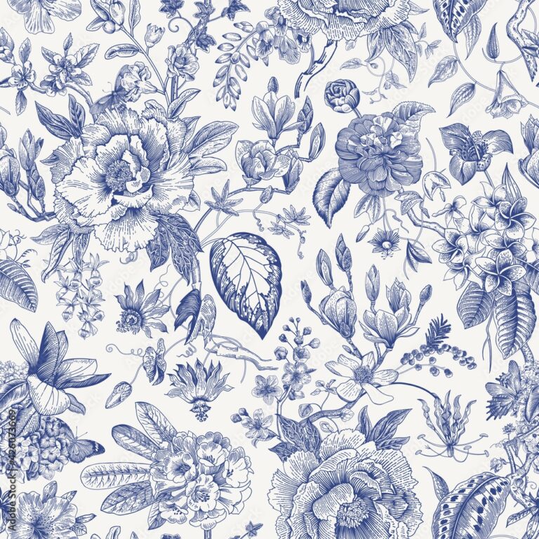 Bloom Vintage Floral Seamless Pattern Spring Flowers Blue And White Chinoiserie Stock Vector Adobe Stock