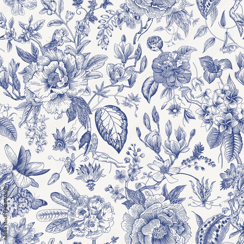 Bloom Vintage Floral Seamless Pattern Spring Flowers Blue And White Chinoiserie Stock Vector Adobe Stock Bloom Vintage Floral Seamless Pattern Spring Flowers Blue And White Chinoiserie Stock Vector Adobe Stock