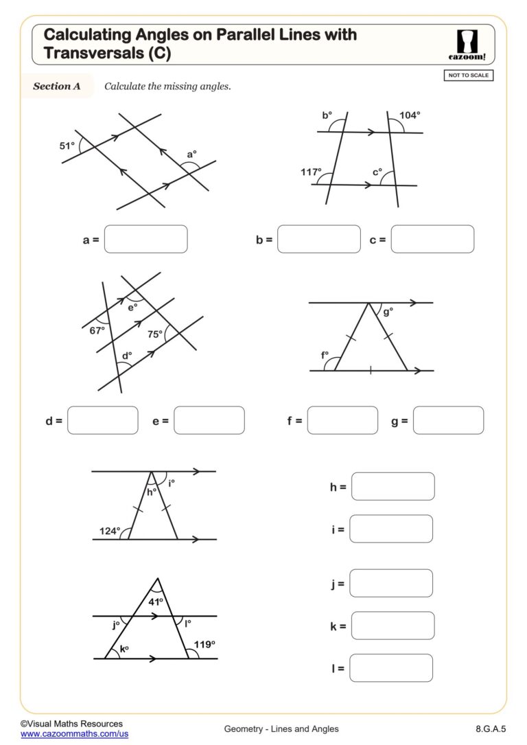 Calculating Angles On Parallel Lines With Transversals C Worksheet Fun And Engaging 8th Grade PDF Worksheets Cazoom Math