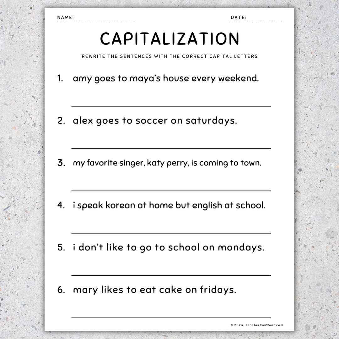 Capitalization Worksheets Fix The Sentences Grammar Practice 4th Grade Made By Teachers