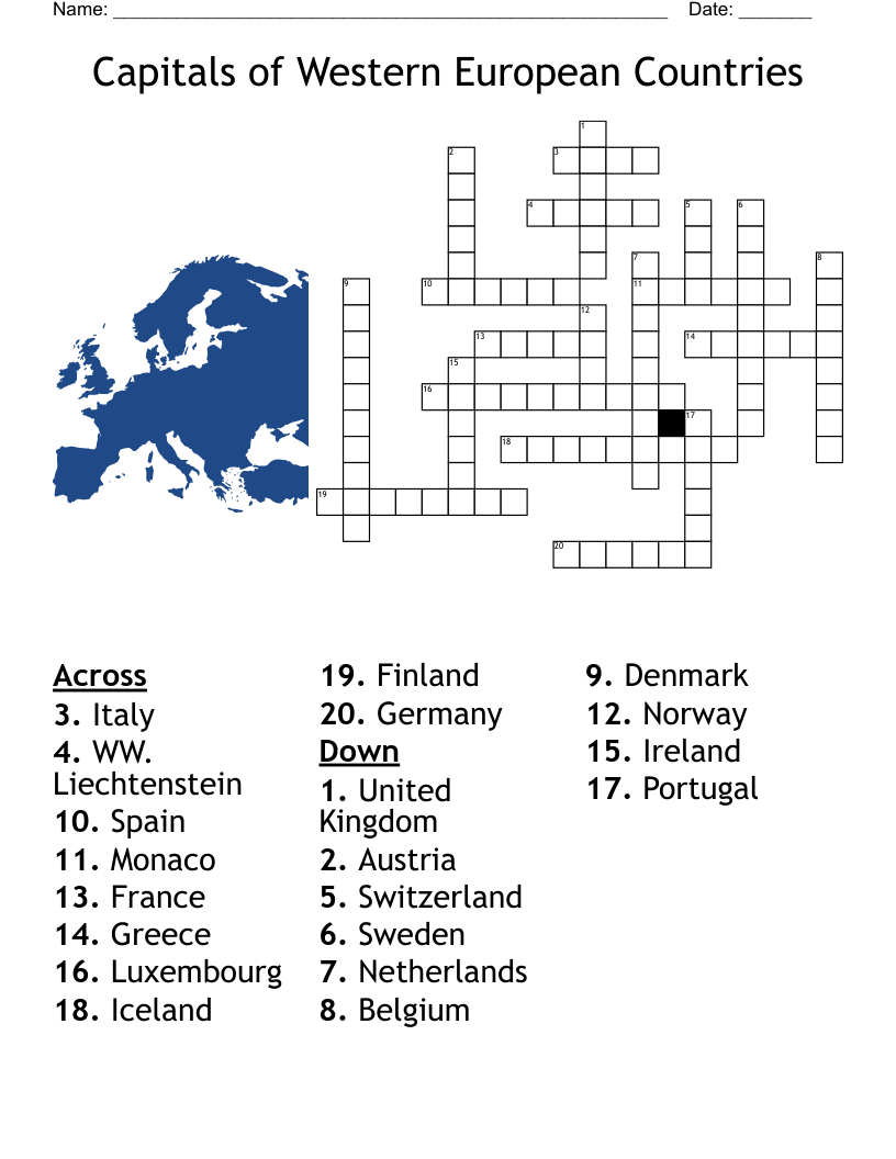 Capitals Of Western European Countries Crossword WordMint Capitals Of Western European Countries Crossword WordMint