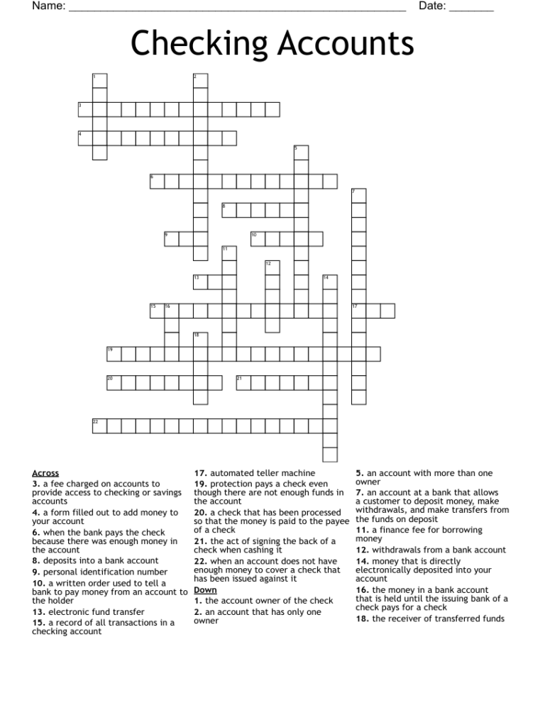 Checking Accounts Crossword WordMint