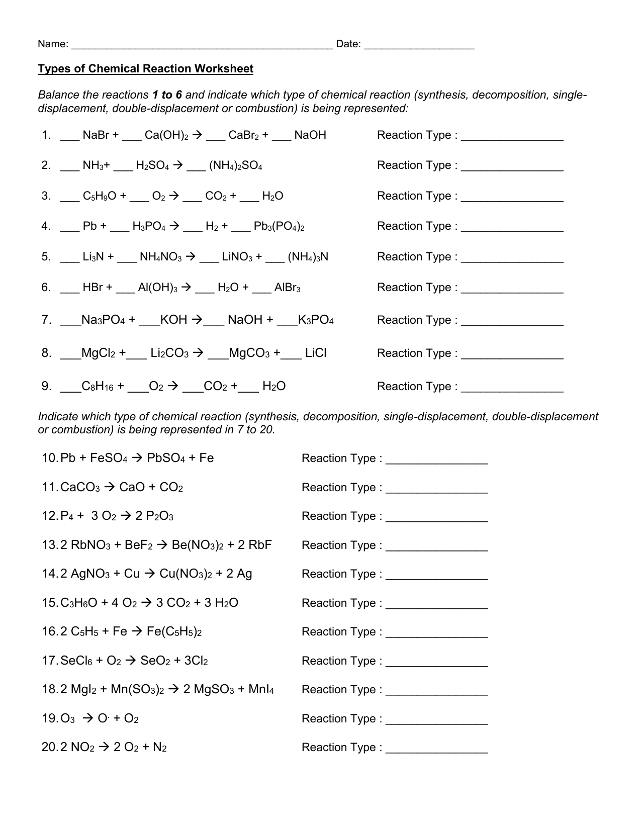 Chemical Reactions Worksheet Balancing Types Chemical Reactions Worksheet Balancing Types