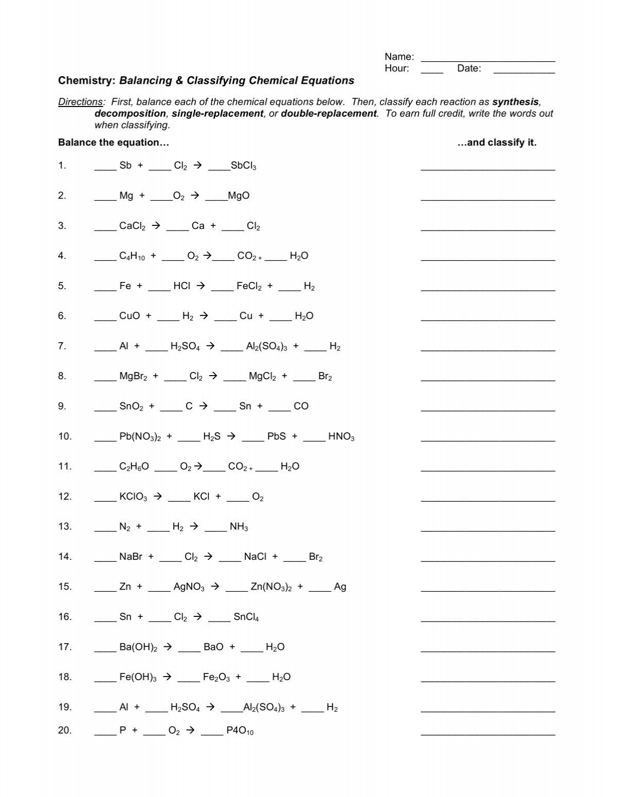 Chemistry Balancing Classifying Chemical Equations Chemistry Balancing Classifying Chemical Equations