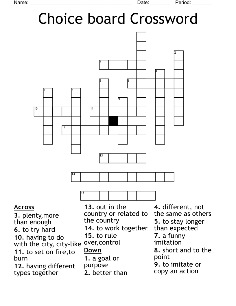 Choice Board Crossword WordMint Choice Board Crossword WordMint
