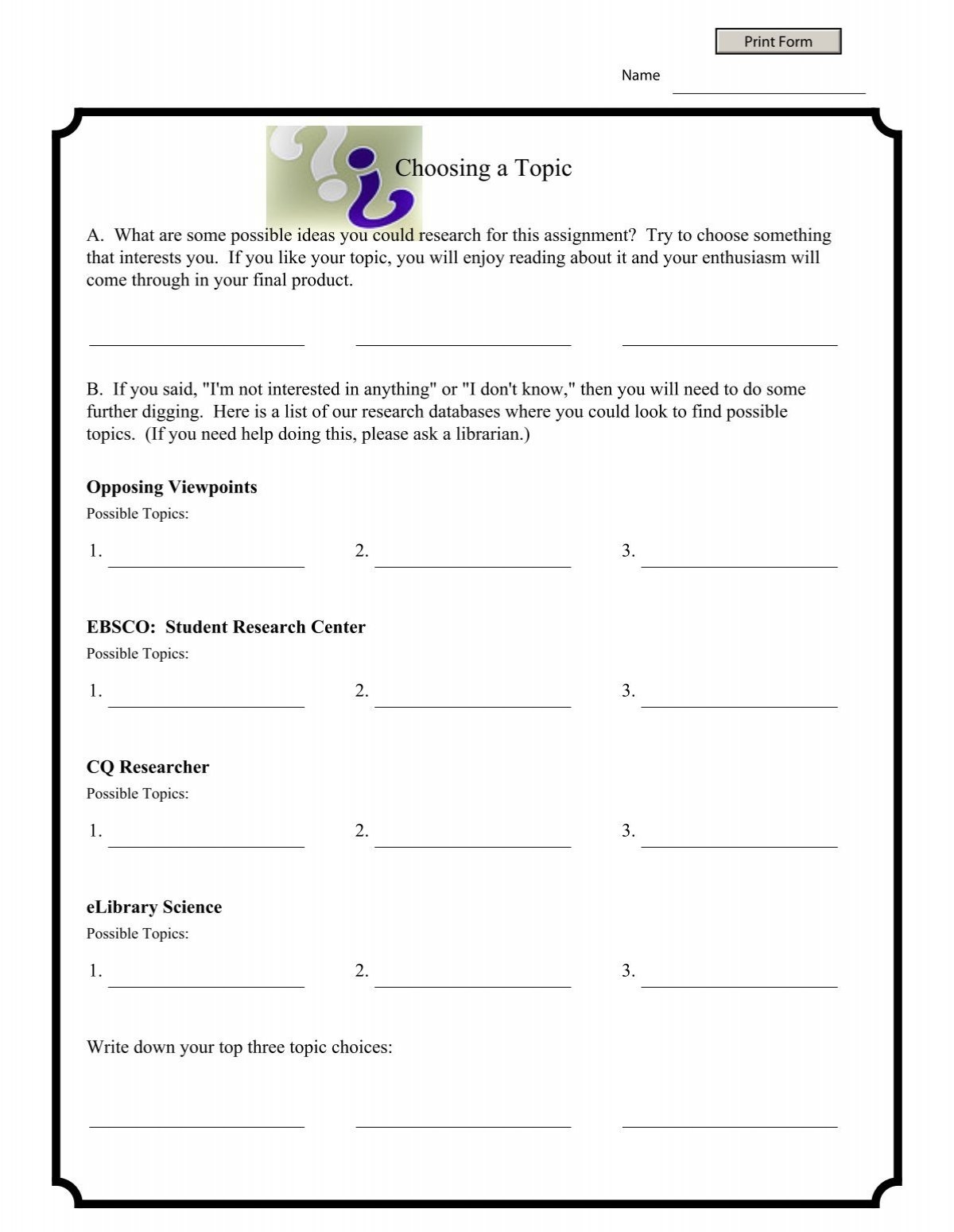 Choosing A Topic Worksheet Choosing A Topic Worksheet