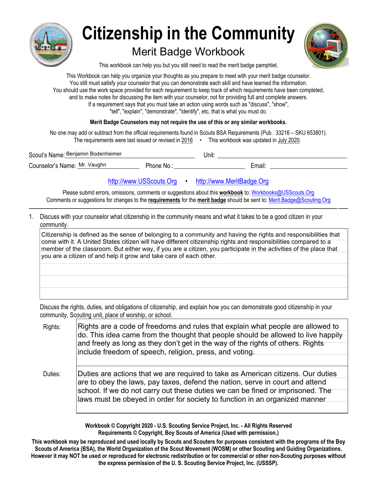 Citizenship In The Community Merit Badge Workbook