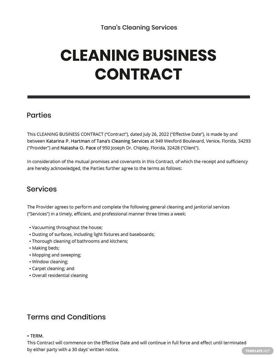 printable cleaning contract template printable cleaning contract template