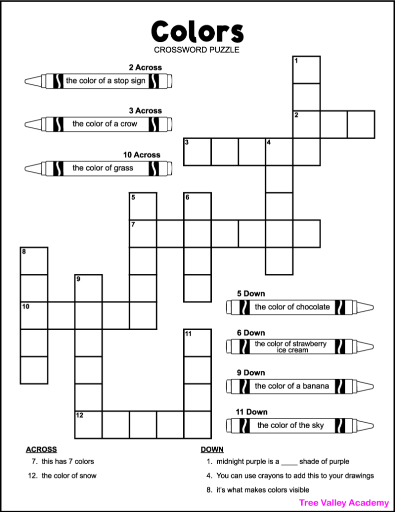 Colors Crossword Puzzle Tree Valley Academy Colors Crossword Puzzle Tree Valley Academy