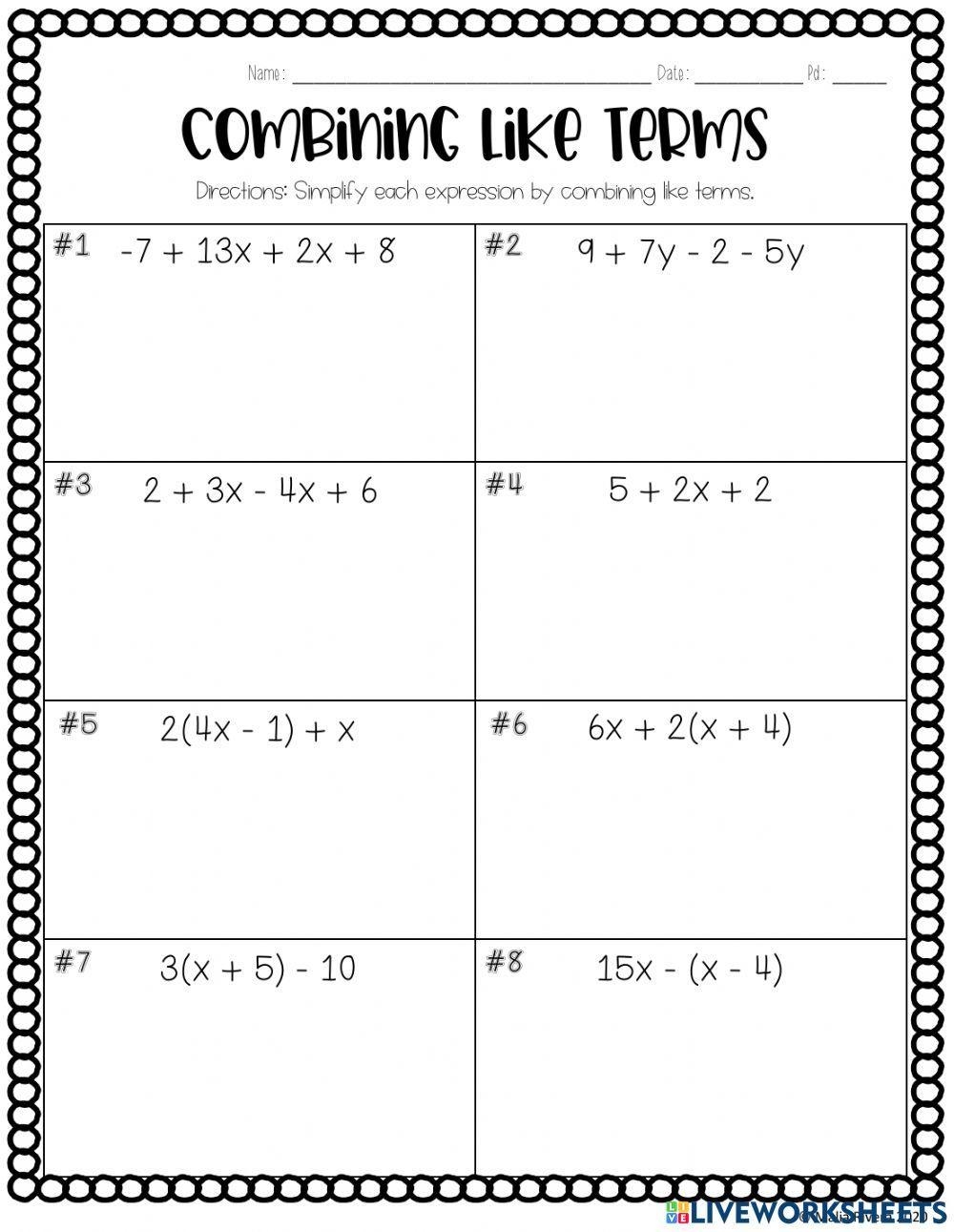 combining like terms elementary worksheet combining like terms elementary worksheet