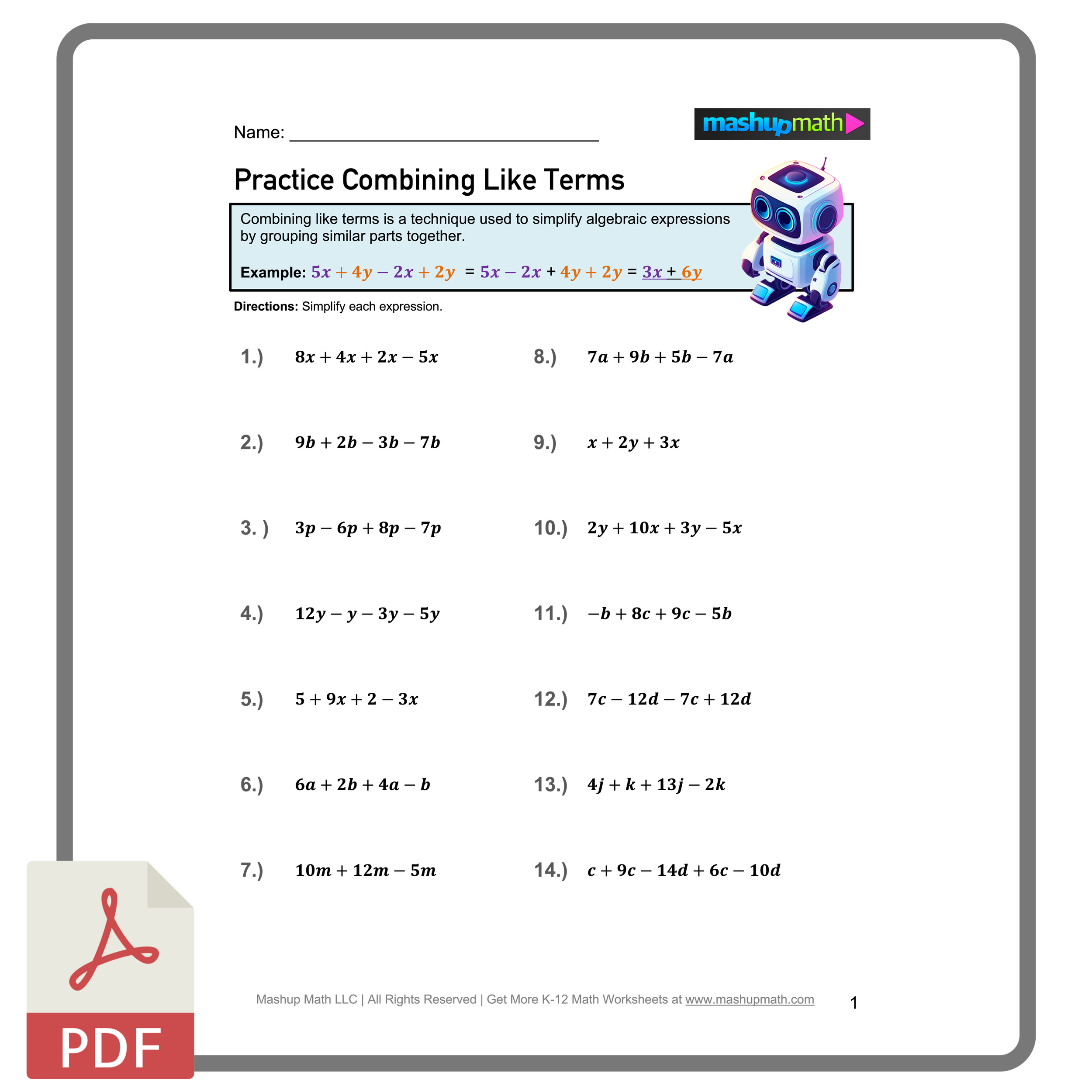Combining Like Terms Worksheets Printable With Answers Mashup Math Combining Like Terms Worksheets Printable With Answers Mashup Math