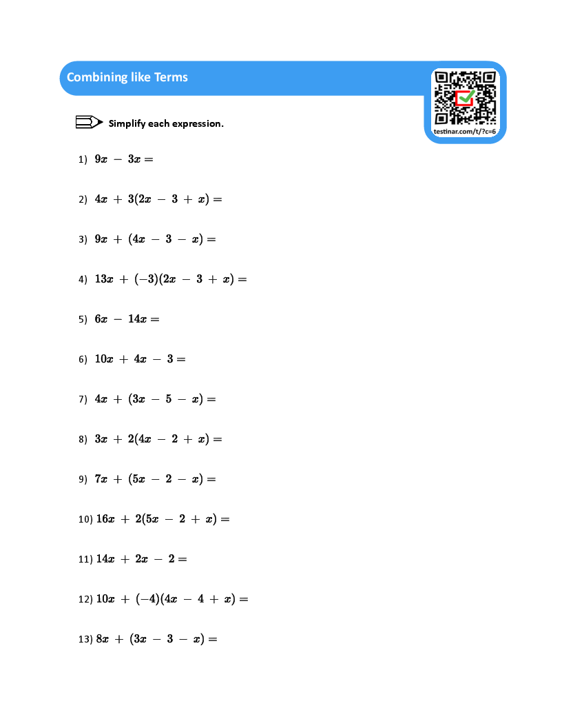 Combining Like Terms Worksheets Combining Like Terms Worksheets