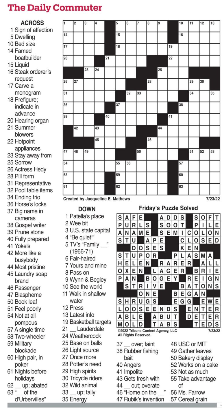 Commuter Crossword Puzzles To Print Daily Commuter Stores Puzzle Chicago Tribune