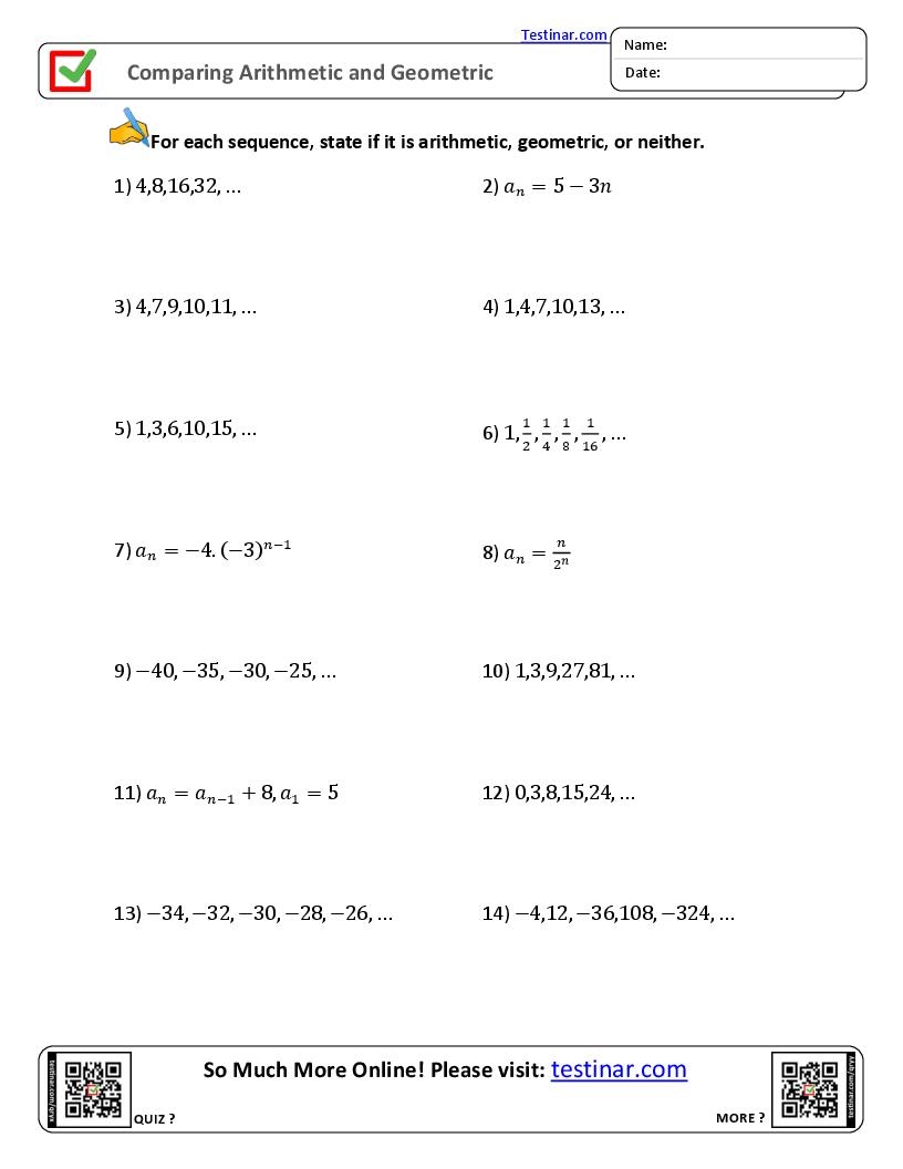 Comparing Arithmetic And Geometric Sequences Worksheets