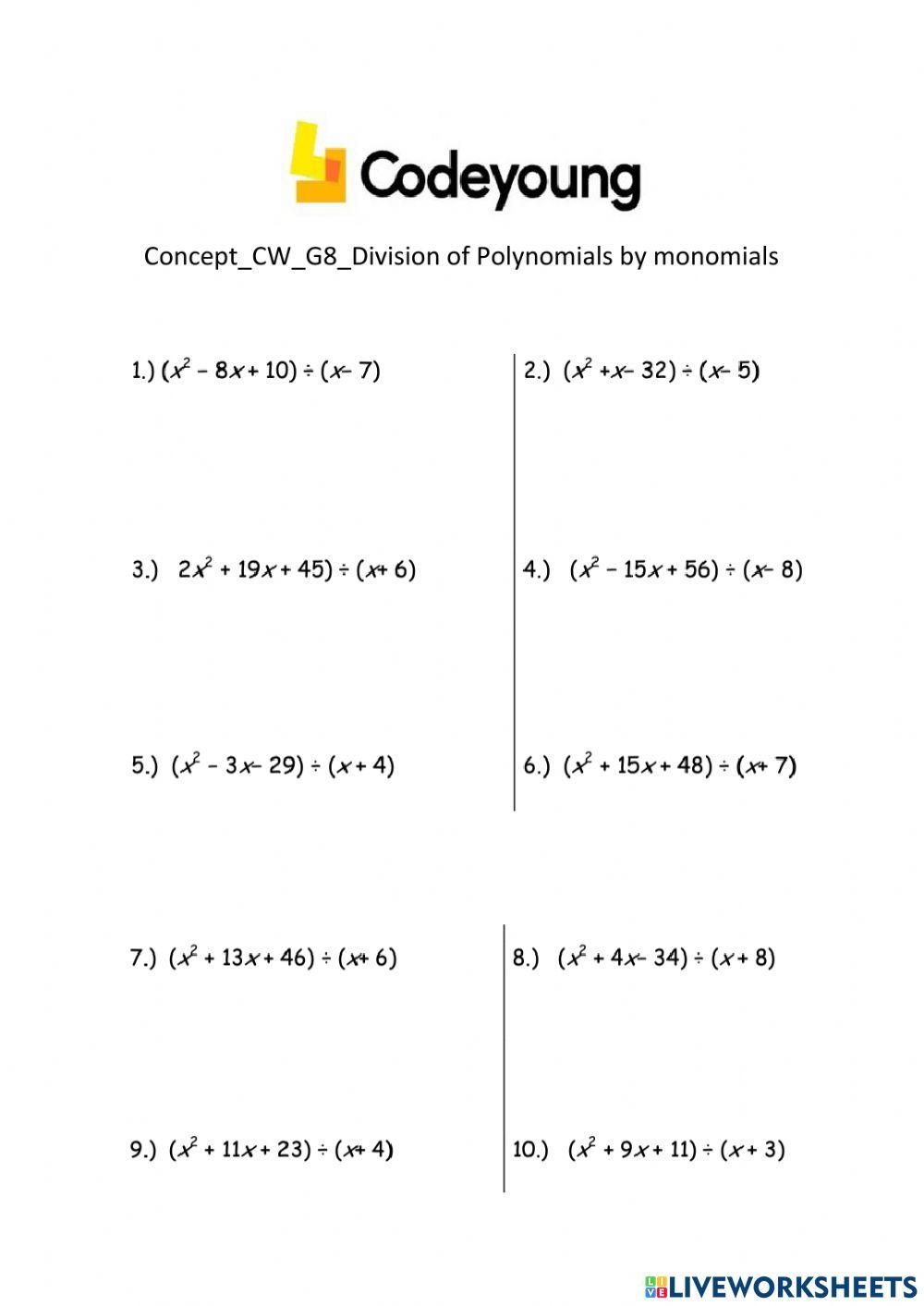 Concept CW G8 Division Of Polynomials By Monomials Worksheet Worksheets Library Concept CW G8 Division Of Polynomials By Monomials Worksheet Worksheets Library