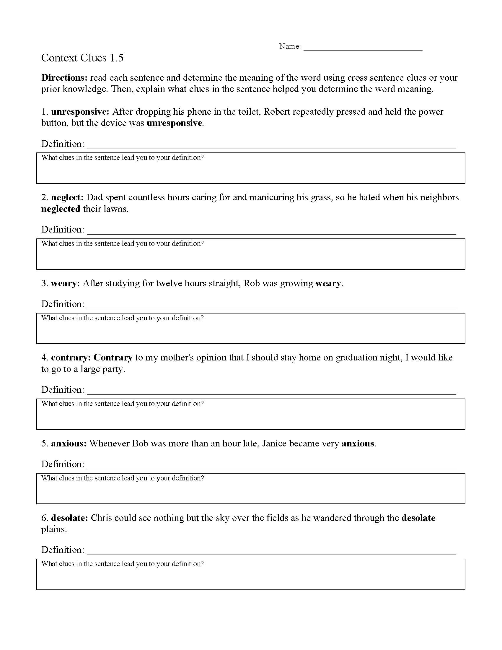 Context Clues Worksheet 1 5 Reading Activity Context Clues Worksheet 1 5 Reading Activity