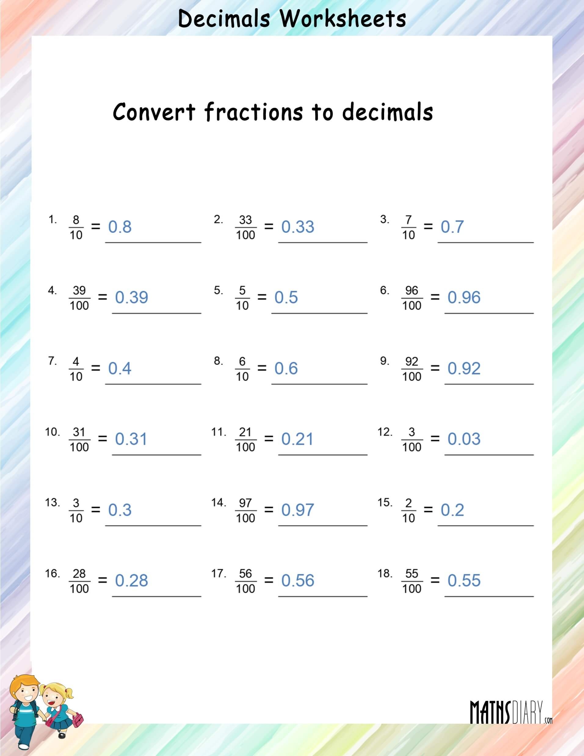Convert Fractions To Decimals Worksheets Math Worksheets Worksheets Library