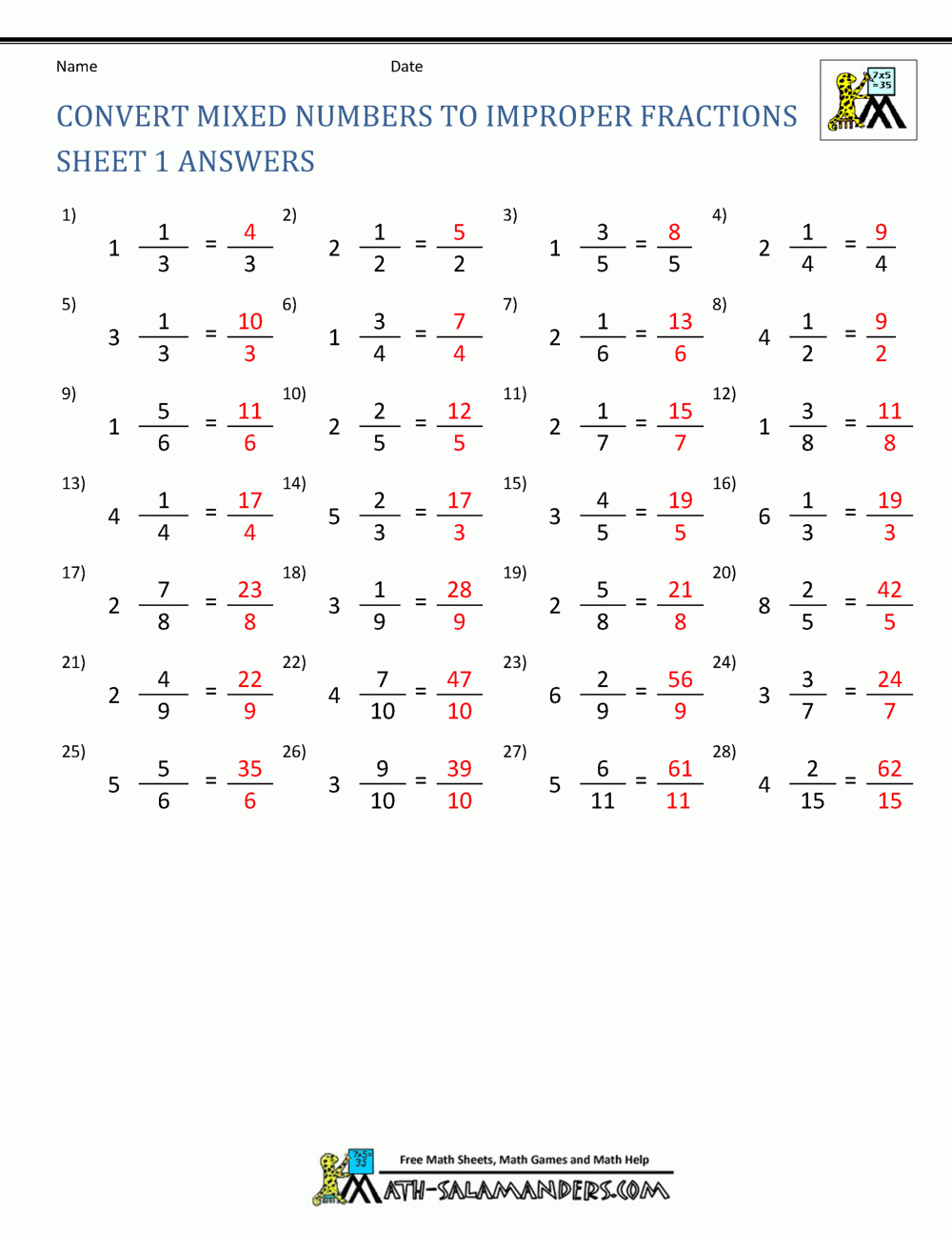 improper fractions to mixed numbers worksheet improper fractions to mixed numbers worksheet