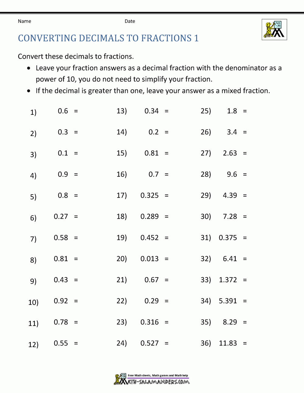 Converting Decimals To Fractions Worksheet Converting Decimals To Fractions Worksheet