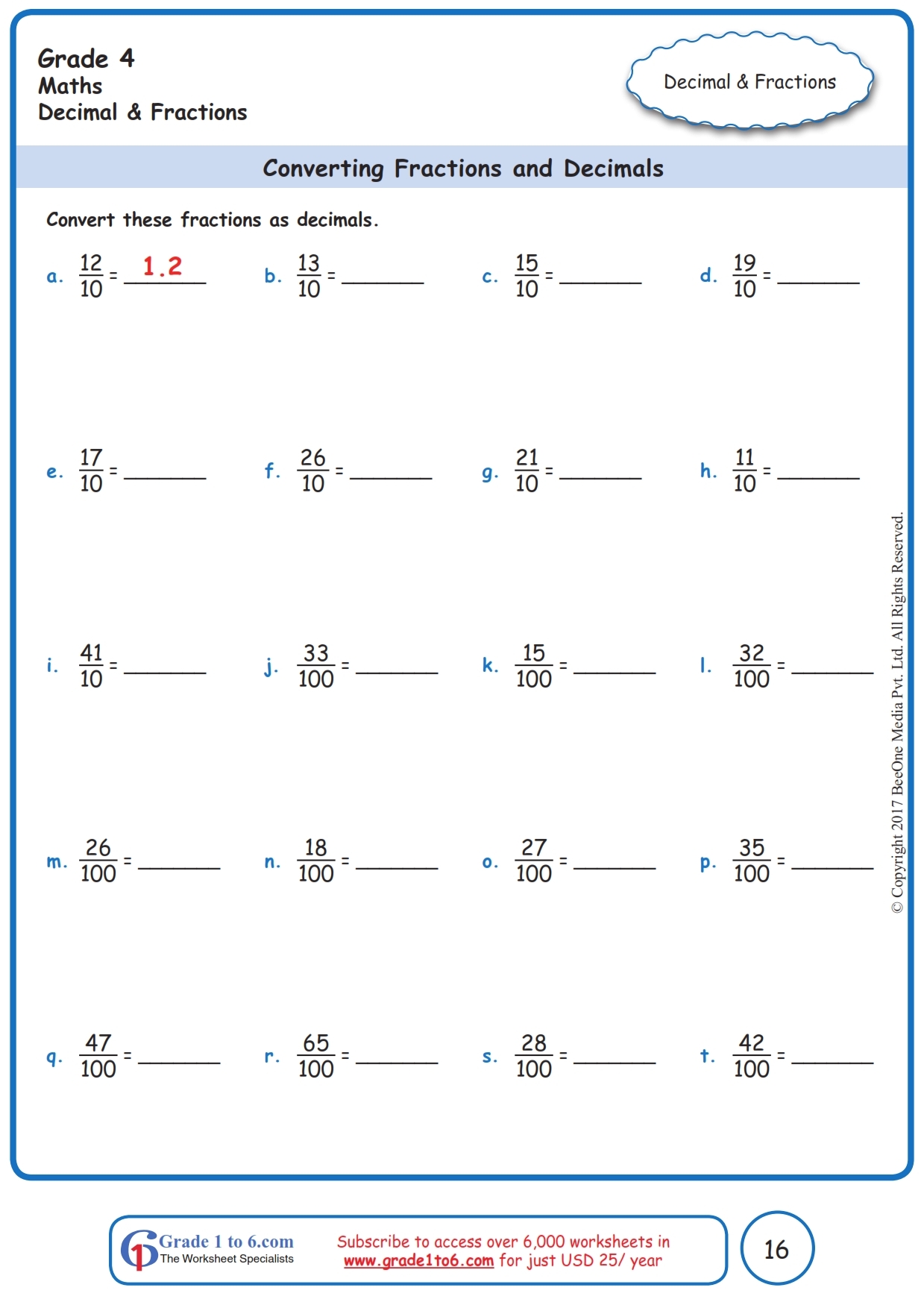 Converting Fraction To Decimals Worksheets www grade1to6 Converting Fraction To Decimals Worksheets www grade1to6