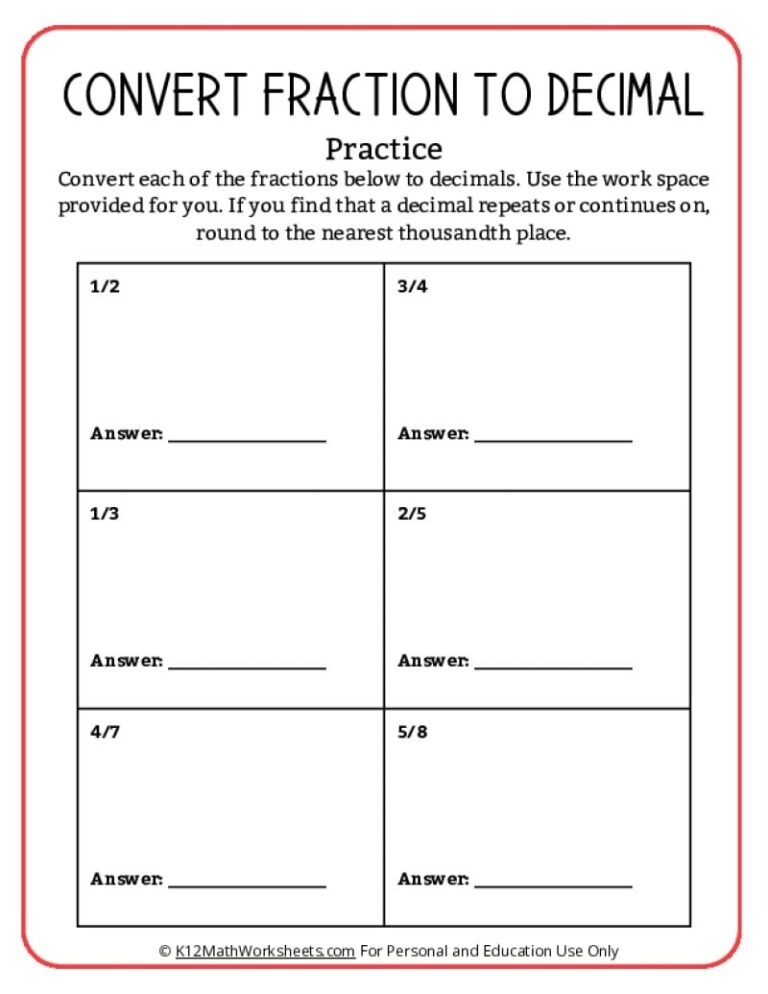 Converting Fractions To Decimals Worksheets