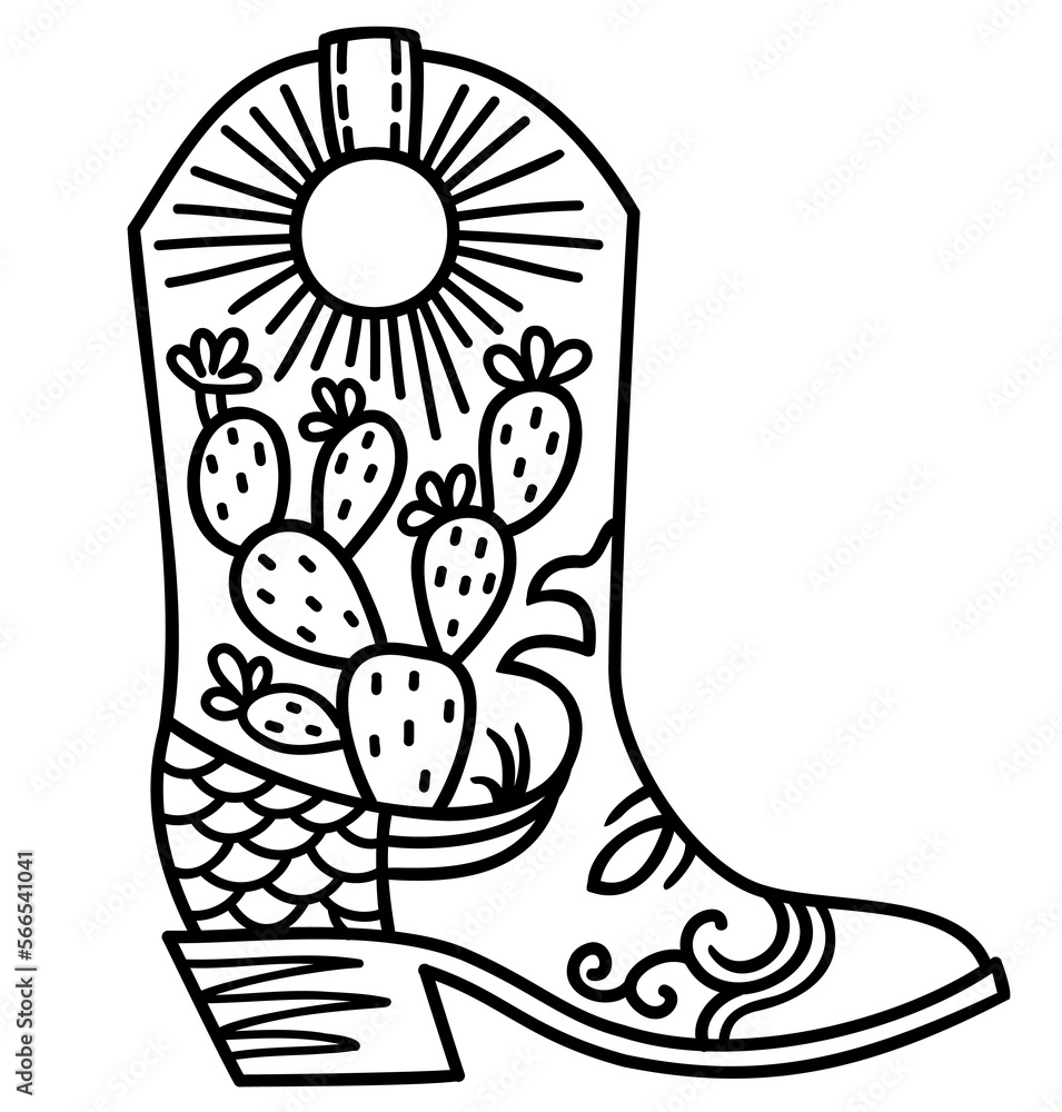 Cowboy Boot Cactus Decoration Vector Hand Drawn Illustration Of Cowboy Boot With Cactuses Decor Printable Black Outline Style Design Cowgirl Wild West Boots Stock Vector Adobe Stock Cowboy Boot Cactus Decoration Vector Hand Drawn Illustration Of Cowboy Boot With Cactuses Decor Printable Black Outline Style Design Cowgirl Wild West Boots Stock Vector Adobe Stock