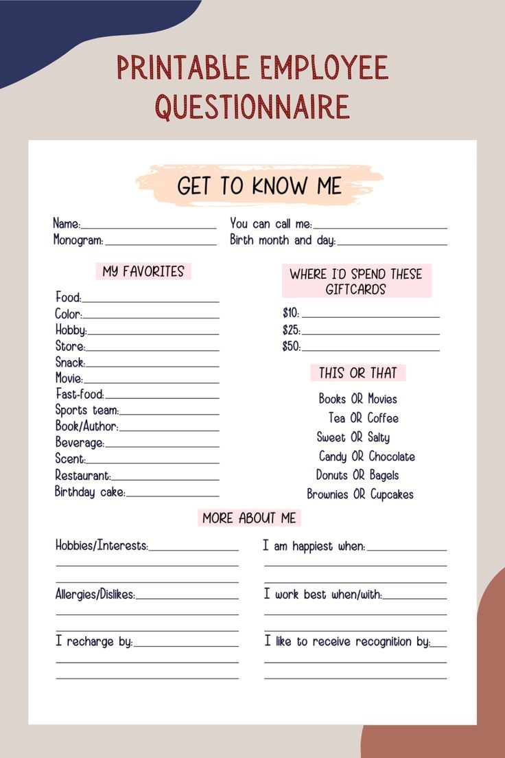 Coworker Questions Printable All About Me Employee Questionnaire Employee Appreciation Favorites Coworker Questions Printable All About Me Employee Questionnaire Employee Appreciation Favorites