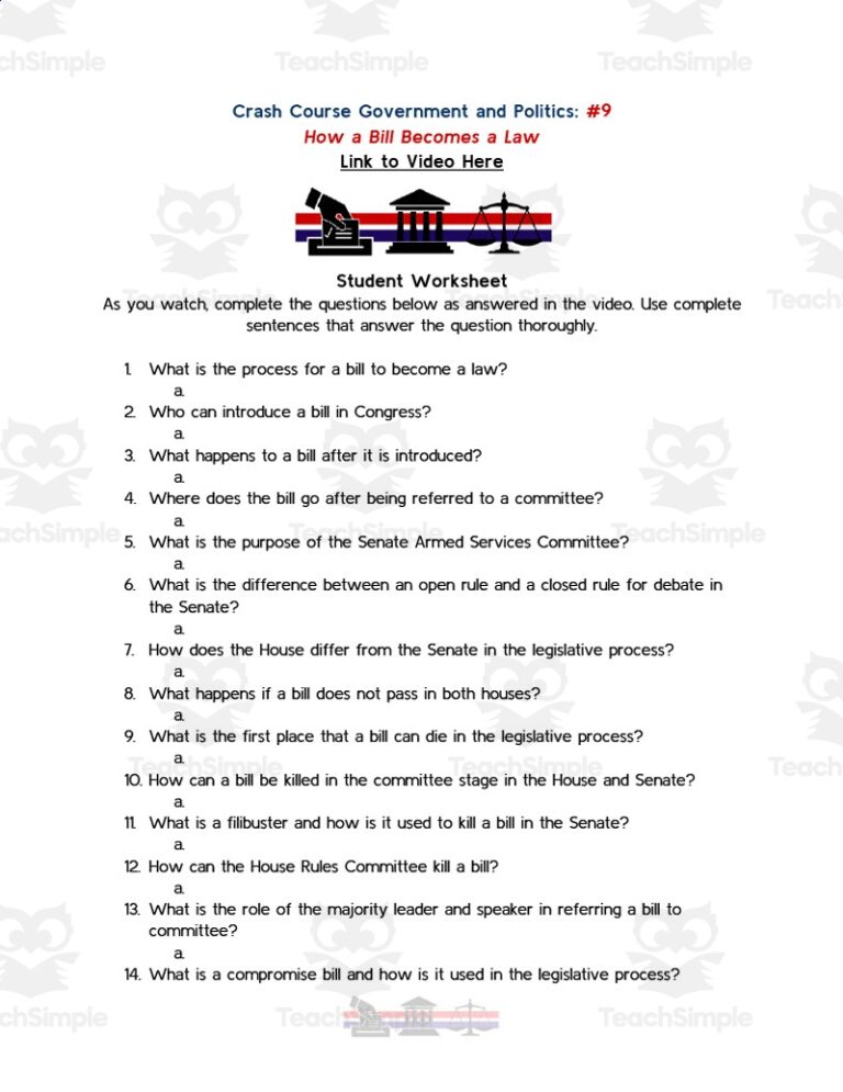 Crash Course Government Episode Worksheet 9 How A Bill Becomes A Law By Teach Simple