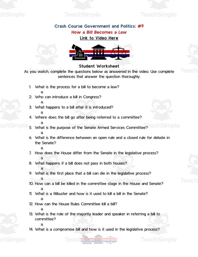 Crash Course Government Episode Worksheet 9 How A Bill Becomes A Law By Teach Simple Crash Course Government Episode Worksheet 9 How A Bill Becomes A Law By Teach Simple