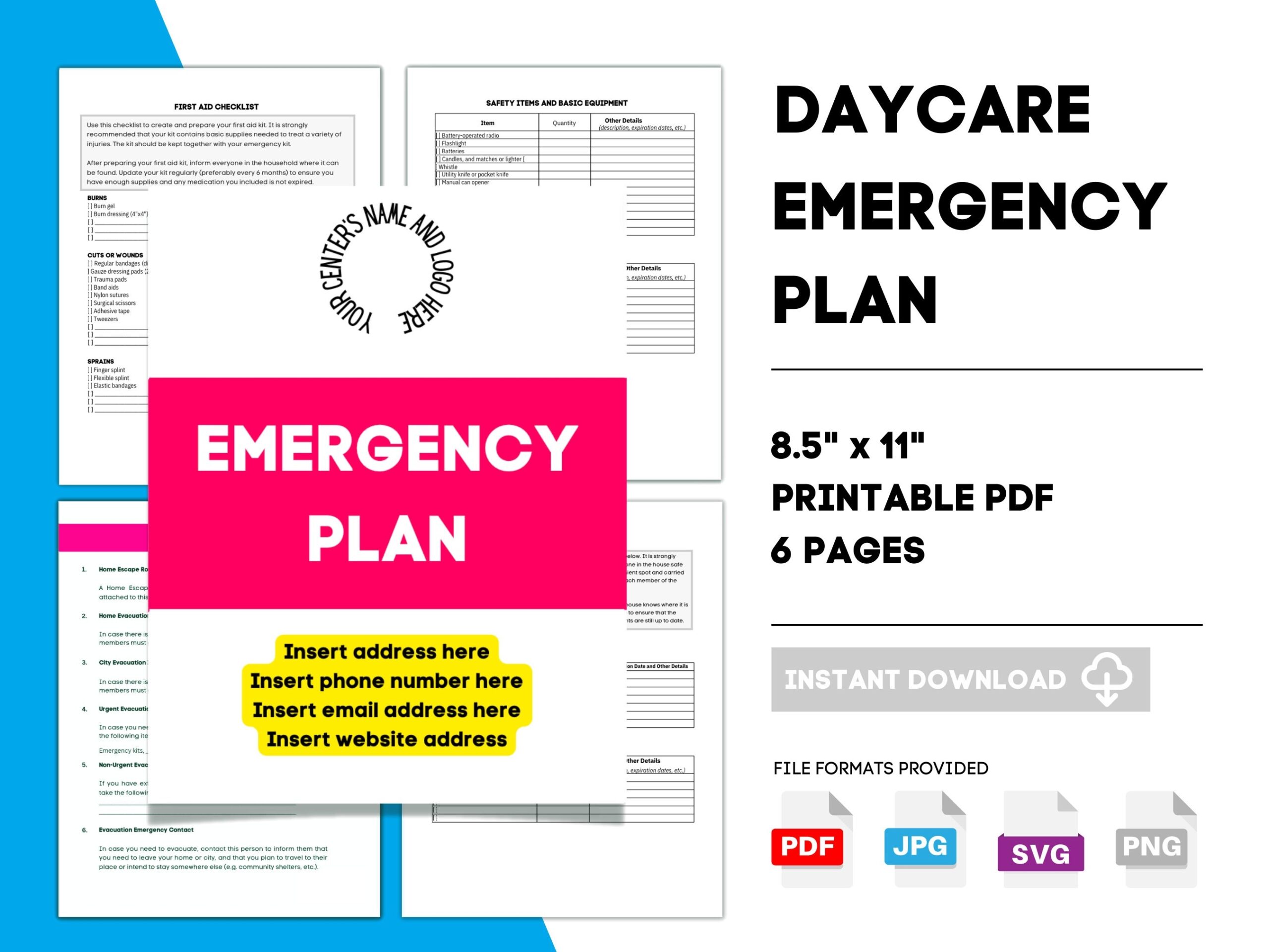 DAYCARE EMERGENCY PLAN Child Care Center Daycare Forms Perfect For In Home Daycare 6 Canva Pages Pages Preschool Daycare Providers Etsy