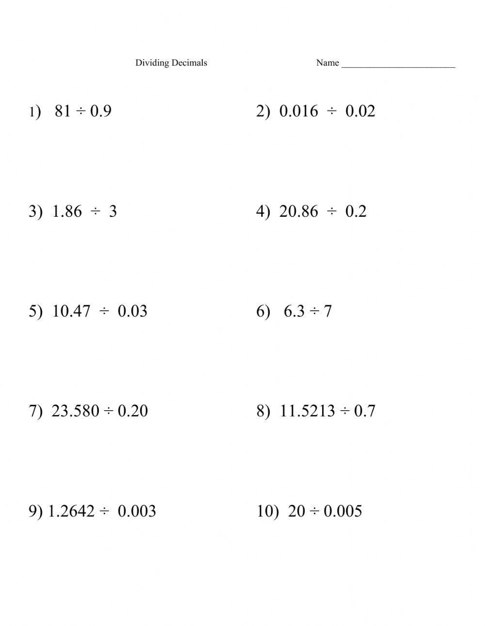 dividing decimals with decimals worksheet dividing decimals with decimals worksheet