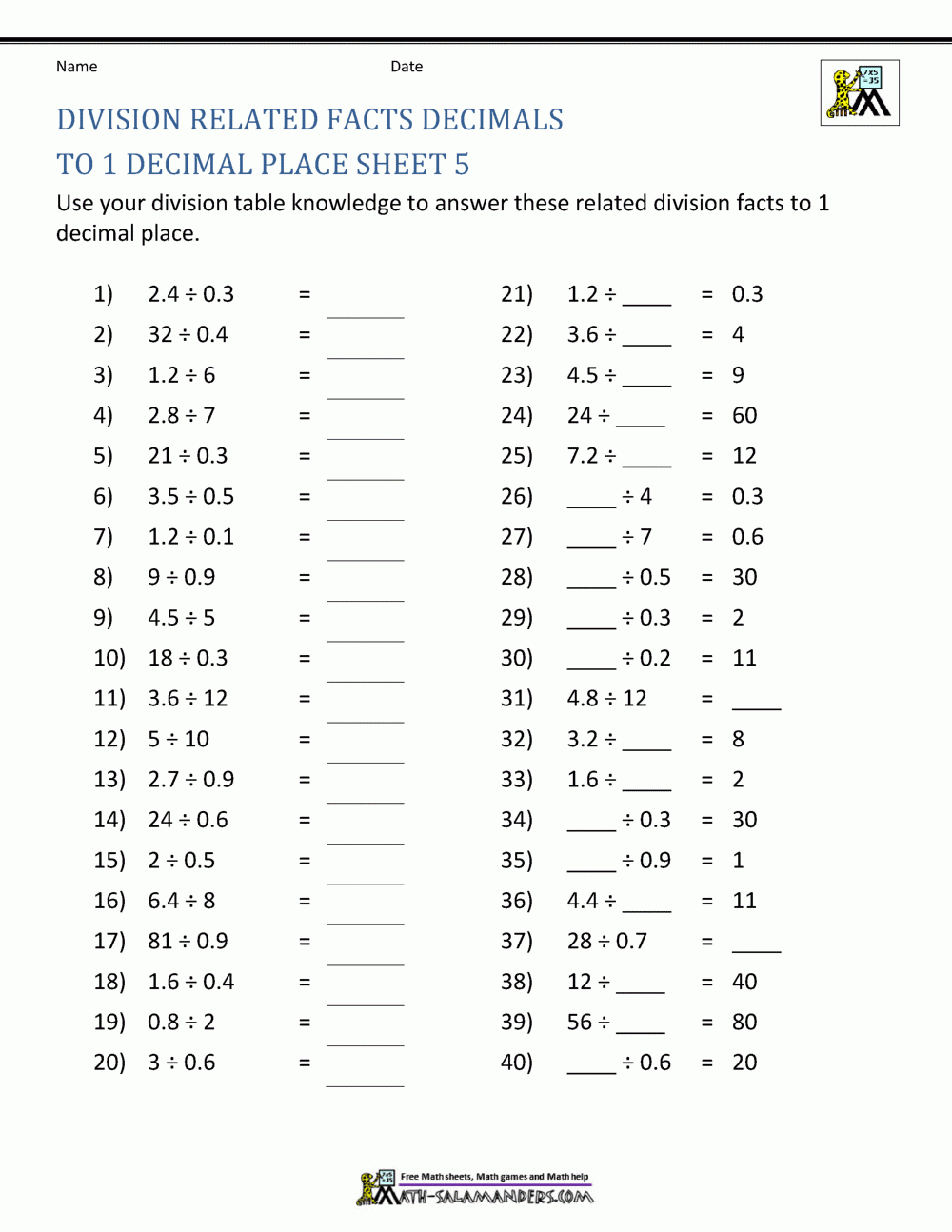 dividing decimals by whole numbers worksheet dividing decimals by whole numbers worksheet