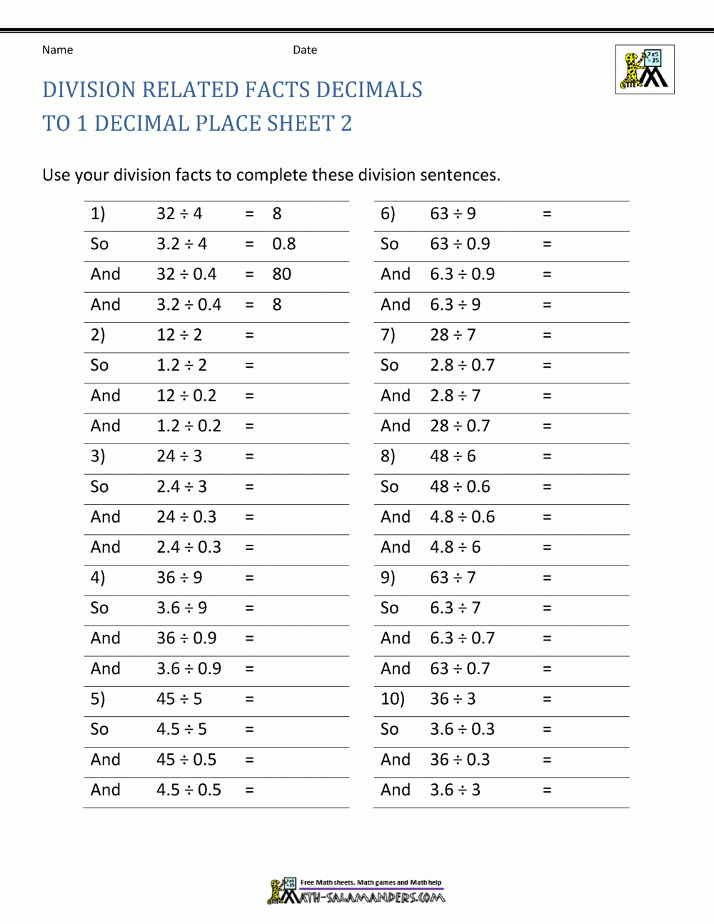 dividing decimals by decimals worksheet dividing decimals by decimals worksheet