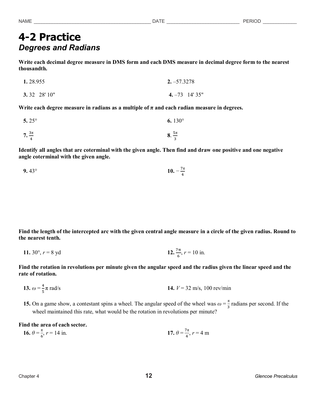 Degrees And Radians Practice Worksheet Degrees And Radians Practice Worksheet