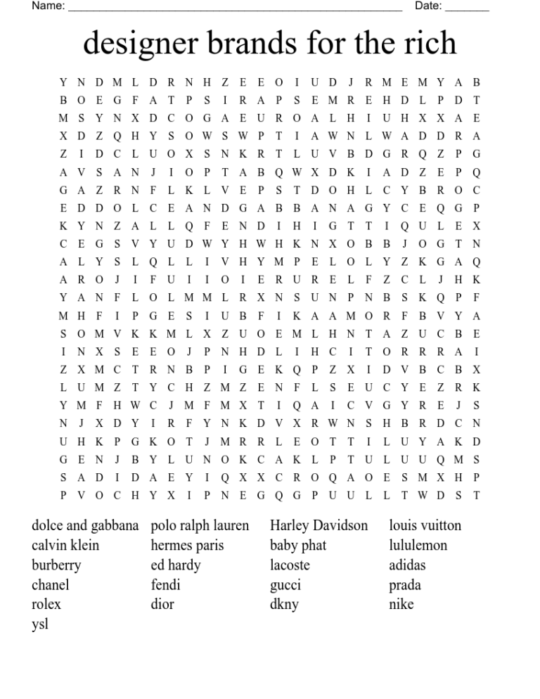 Designer Brands For The Rich Word Search WordMint