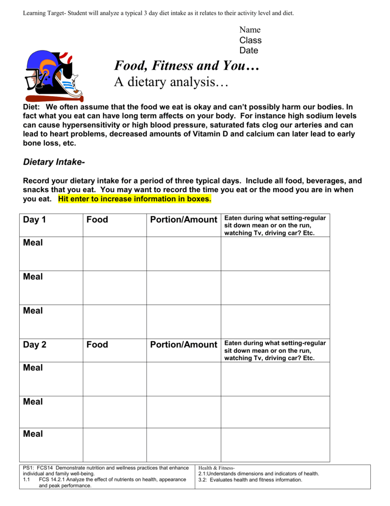 Dietary Analysis Worksheet Food Fitness And You Dietary Analysis Worksheet Food Fitness And You