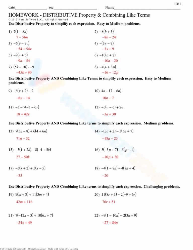 Distributive Property Combine Like Terms Worksheet