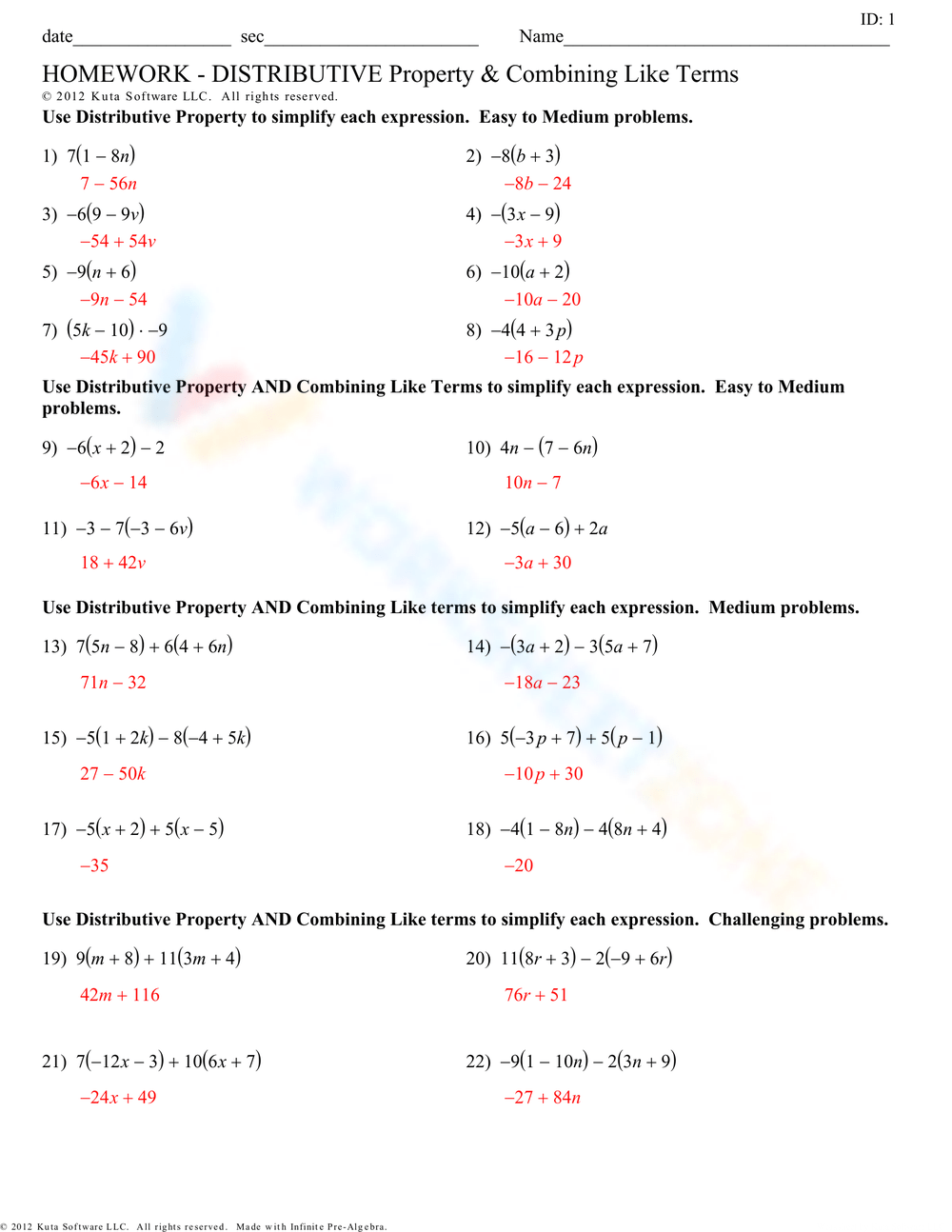 Distributive Property Combine Like Terms Worksheet Distributive Property Combine Like Terms Worksheet