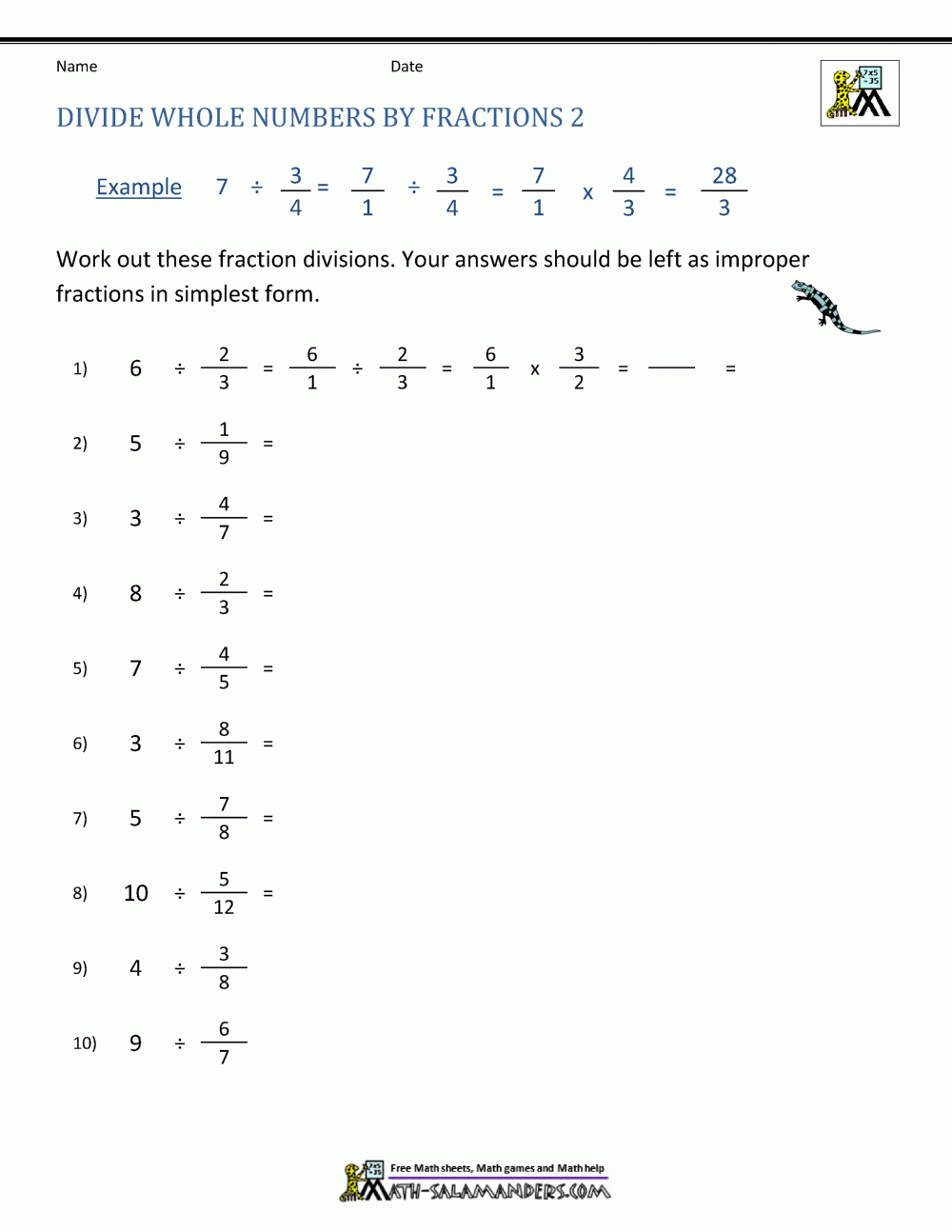 Divide Whole Numbers By Fractions Divide Whole Numbers By Fractions