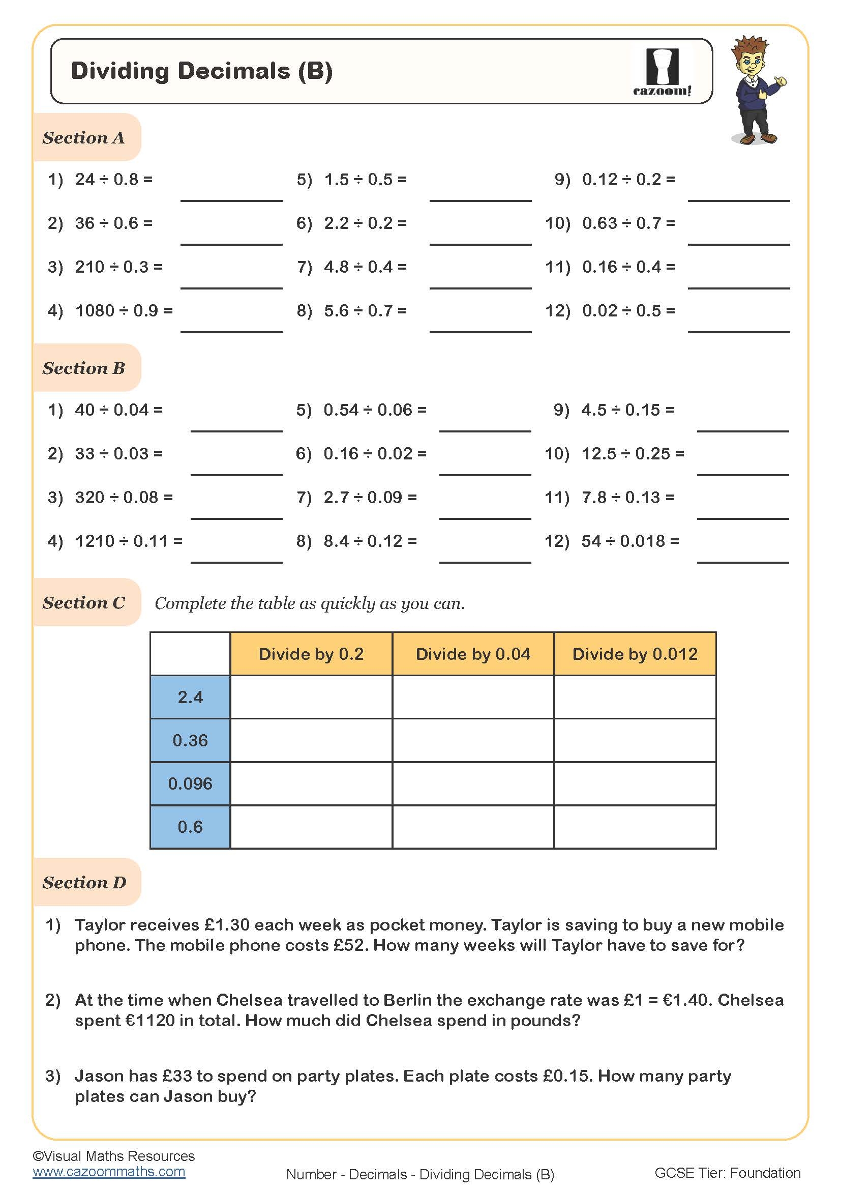 Dividing Decimals PDF Printable Worksheet Dividing Decimals PDF Printable Worksheet