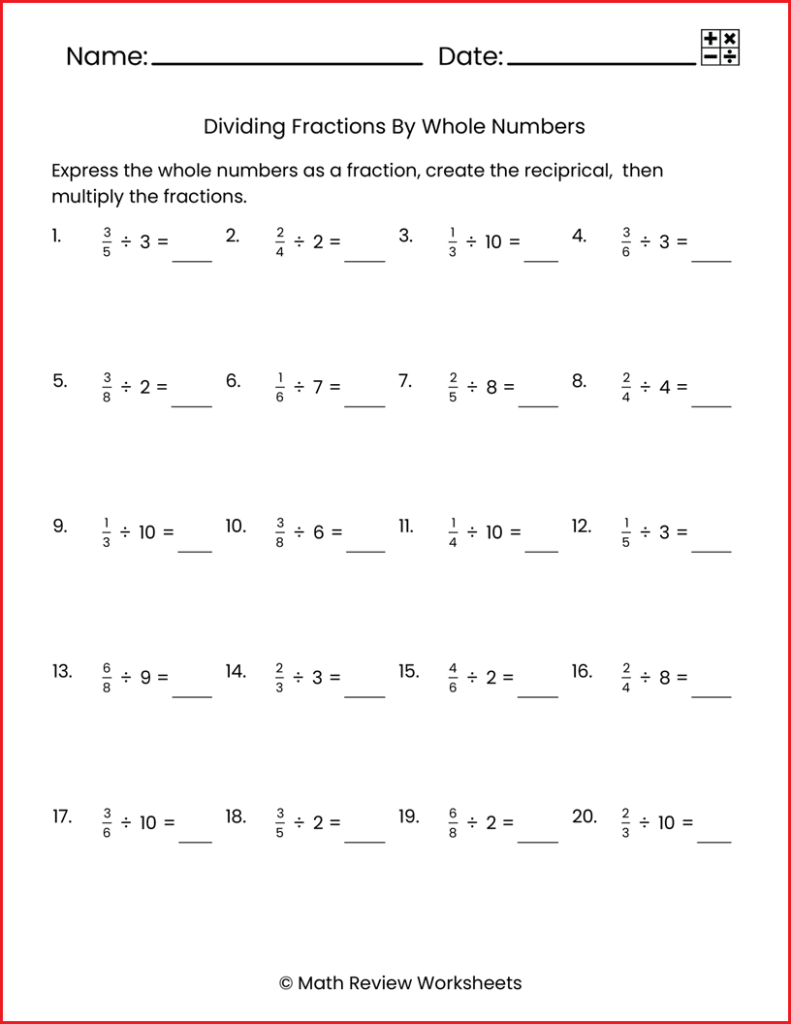 Dividing Fractions By Whole Numbers Math Review Worksheets Dividing Fractions By Whole Numbers Math Review Worksheets